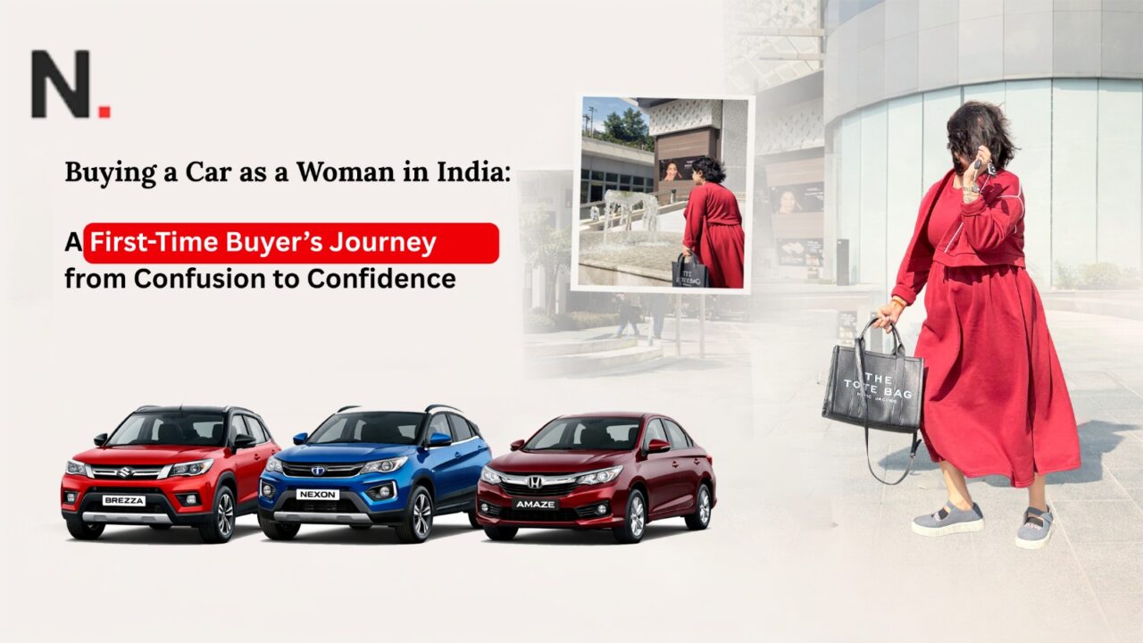 Woman buying her first car in India, comparing Brezza, Nexon, and Amaze, representing a journey from confusion to confidence.